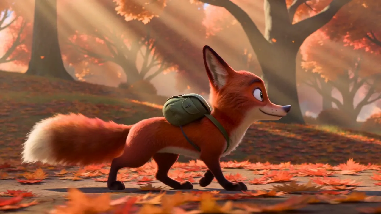 Seedance 2.0 Mini test clip — a Pixar-style cartoon fox with a green backpack walking through an autumn forest