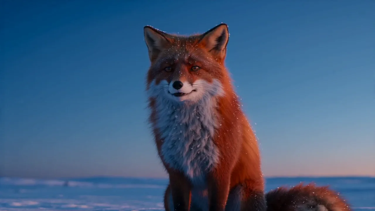 Seedance 2.0 Mini test clip — a CGI red fox in snow as the camera pushes into an extreme close-up of its eye