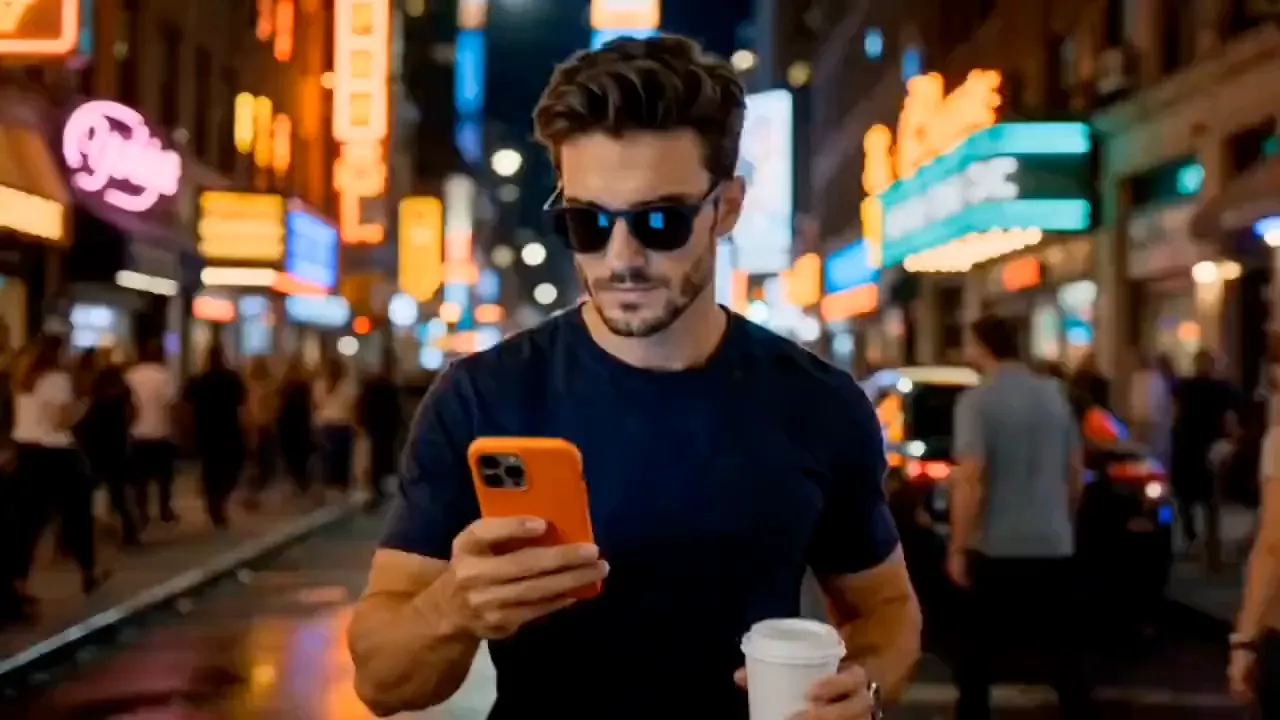Seedance 2.0 example — a man on a neon-lit city street at night