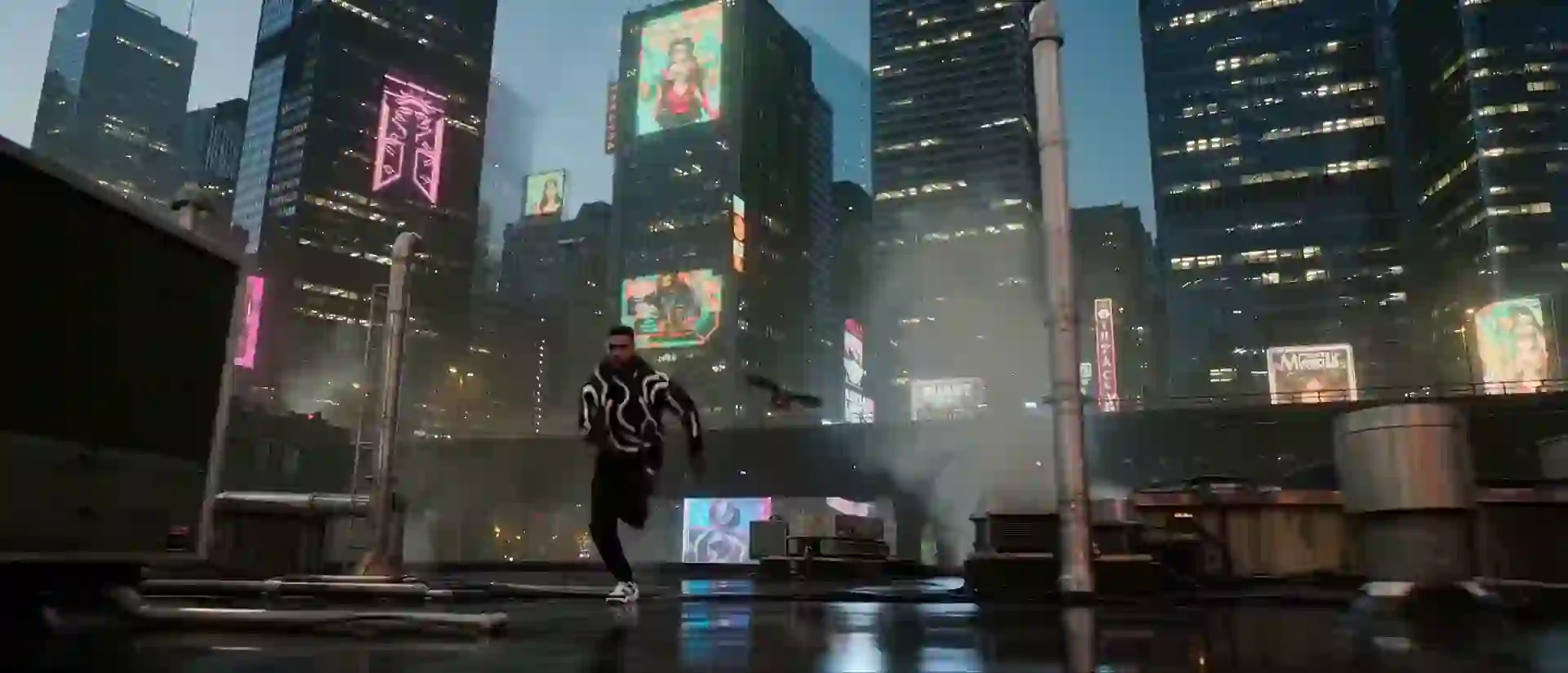 Seedance 1.5 example — a character running across a neon cyberpunk rooftop